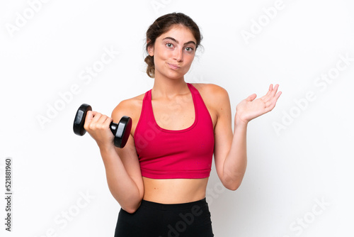 Young sport caucasian woman making weightlifting isolated on white background having doubts while raising hands