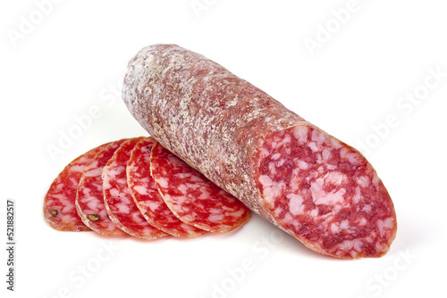 Cured salami sausage with mold, Italian cuisine, isolated on white background.