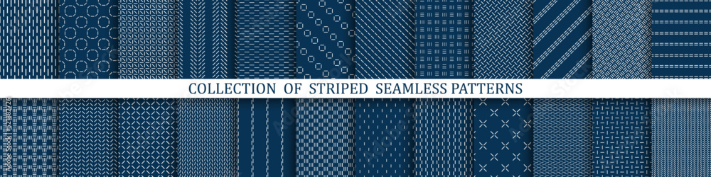 Collection of minimalistic seamless patterns. Blue textile endless prints. Repeatable unusual simple backgrounds - obrazy, fototapety, plakaty 
