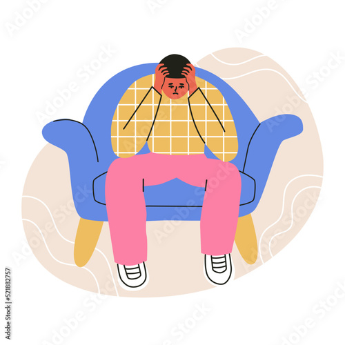 A lonely sad man sitting on a chair. Young depressed male character holding his head. Flat vector illustration in trendy colors, isolated on a white background