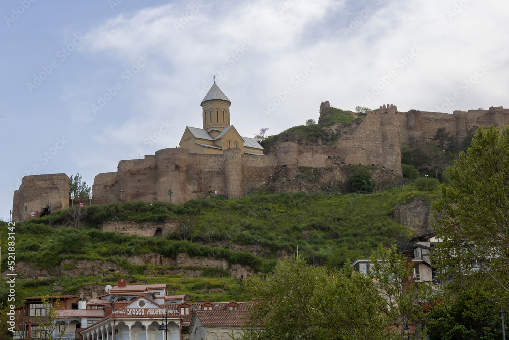 A view of Narikala Fortress with Saint Nicholas's Orthodox Church, Tbilisi, Georgia