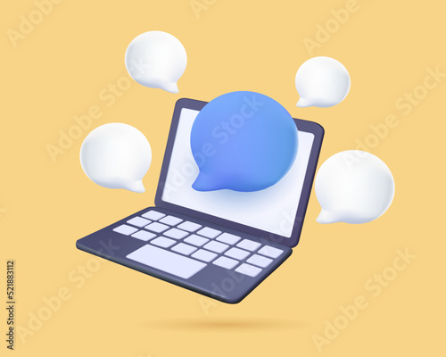 Business online communication. 3D laptop icon render. Speech bubble with notebook. Social media comment, speech icons, chat with emoji smm. 3d speak render vector illustration. Business support online