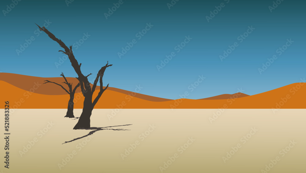 Beautiful landscape of sand desert and lonely two trees under the scorching sun as wallpaper, background or poster. Amazing view of dunes, desert and blue sky. Beautiful landscape of sand desert and lonely two trees under the scorching sun as wallpaper, background or poster. Amazing view of dunes, desert and blue sky.