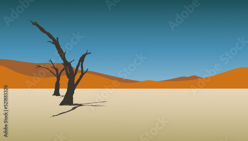Fotografie, Obraz Beautiful landscape of sand desert and lonely two trees under the scorching sun as wallpaper, background or poster