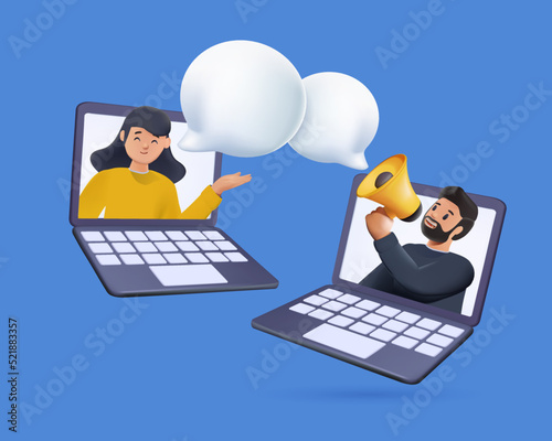 Business support online communication. Online business conference, joint meeting, team thinking and brainstorming. Referral vector illustration. Marketing consumer audience communication service. 3D