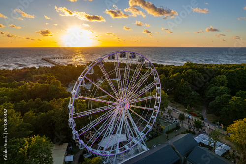 Aerial summer beautiful sunset view of Palanga ferris wheel (Baltic Sea), Lithuania