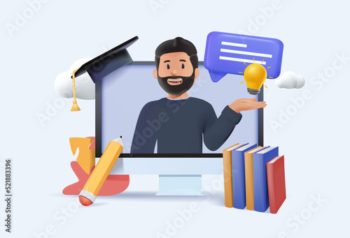 Educational web seminar, internet classes, professional 3D character personal teacher service. Webinar, digital classroom, online teaching metaphors vector illustration. Online tutorials. 3D render