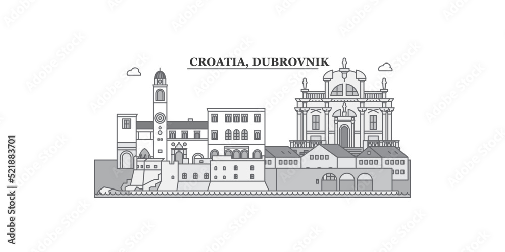 Croatia, Dubrovnik city skyline isolated vector illustration, icons