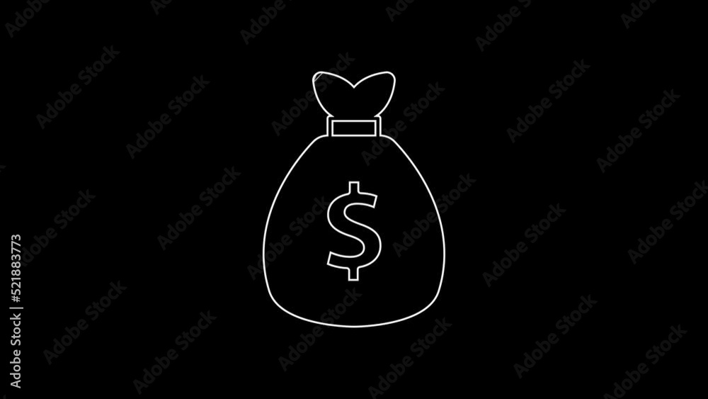 White line Money bag icon isolated on black background. Dollar or USD symbol. Cash Banking currency sign. 4K Video motion graphic animation White line Money bag icon isolated on black background. Dollar or USD symbol. Cash Banking currency sign. 4K Video motion graphic animation