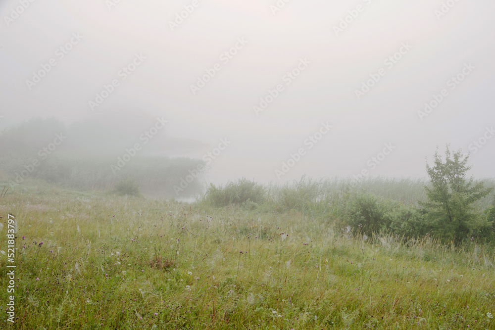 Serene landscape with a lake in the fog Serene landscape with a lake in the fog