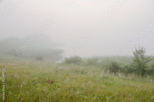 Serene landscape with a lake in the fog