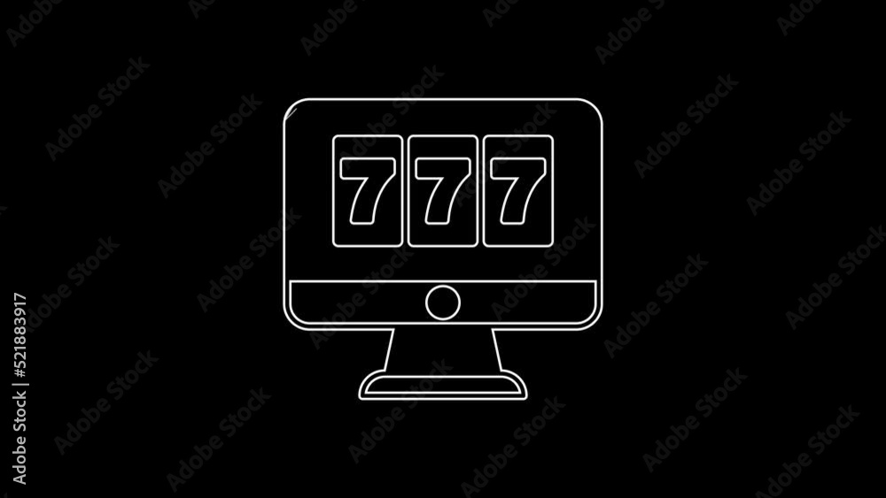White line Online slot machine with lucky sevens jackpot icon isolated on black background. Online casino. 4K Video motion graphic animation White line Online slot machine with lucky sevens jackpot icon isolated on black background. Online casino. 4K Video motion graphic animation