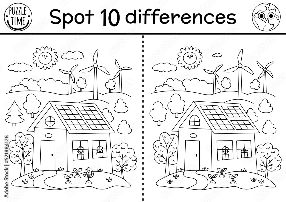 Find differences game. Ecological black and white educational activity with cute eco house, wind turbines. Earth day line puzzle for kids. Eco awareness or zero waste printable coloring page.
