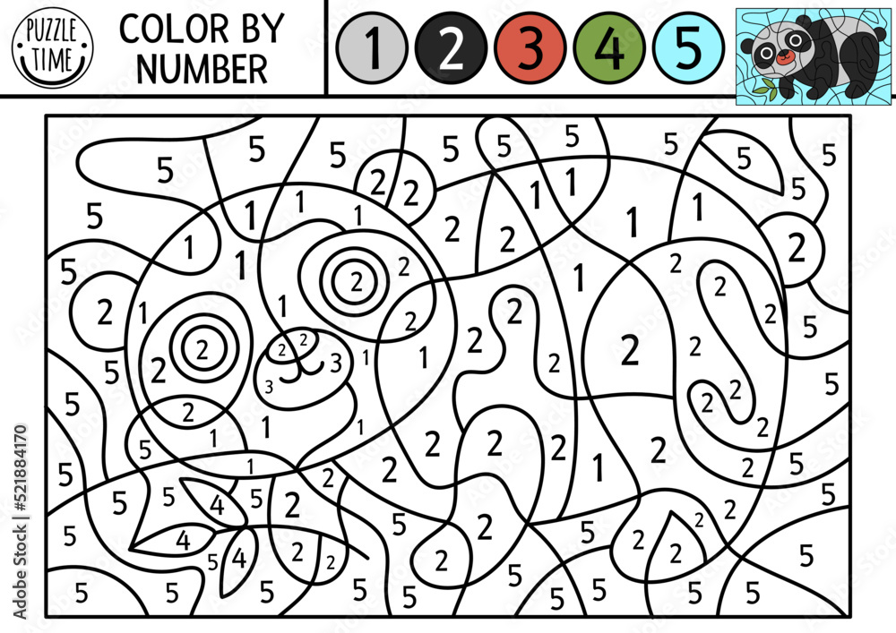 Vector ecological color by number activity with panda bear. Eco awareness scene. Black and white counting game with cute extinct animal. Earth day coloring page for kids.