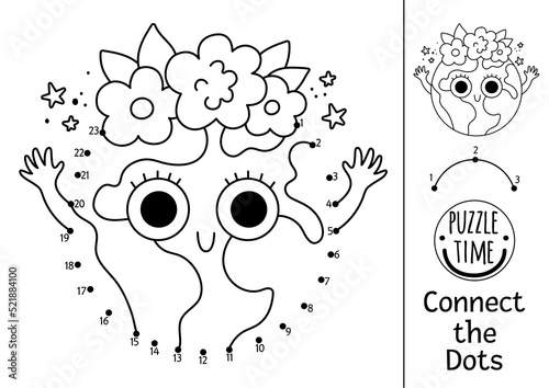 Vector dot-to-dot and color activity with cute planet. Ecological connect the dots game for children with funny Earth. Eco awareness coloring page for kids. Printable worksheet with numbers.