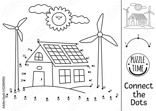 Vector dot-to-dot and color activity with cute eco house and wind turbines. Ecological connect the dots game for children. Eco awareness coloring page for kids. Printable worksheet with numbers.