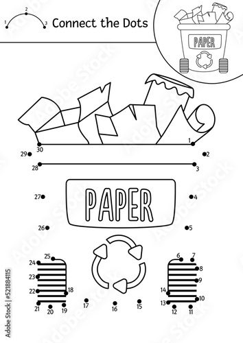 Vector dot-to-dot and color activity with cute waste container with paper trash. Ecological connect the dots game. Eco awareness coloring page for kids. Printable worksheet with numbers.