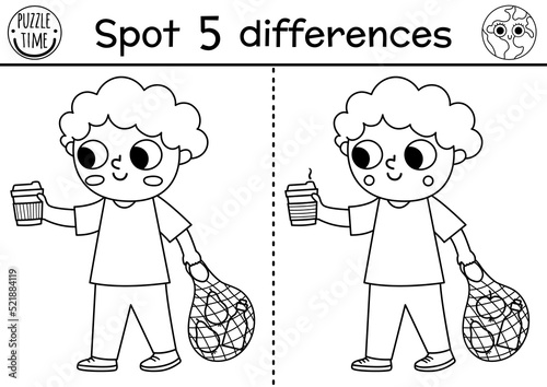 Find differences game. Ecological black and white educational activity with cute boy with reusable cup and bag. Earth day line puzzle for kids. Eco awareness or zero waste printable coloring page.