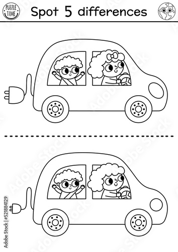 Find differences game. Ecological black and white educational activity with cute kid and mother driving electro car. Earth day line puzzle. Eco awareness or zero waste printable coloring page.