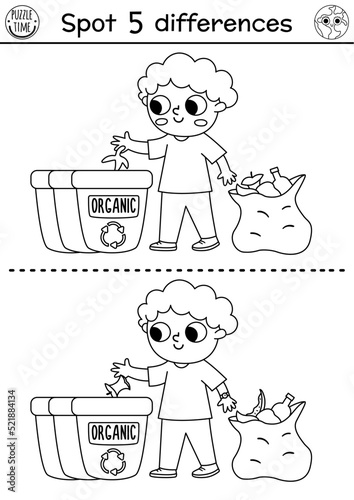 Find differences game. Ecological black and white educational activity with cute boy sorting out waste. Earth day line puzzle for kids. Eco awareness or zero waste printable coloring page.