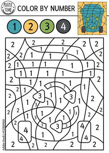 Vector ecological color by number activity with rubbish container. Eco awareness scene. Black and white counting game with zero waste concept. Earth day coloring page for kids with waste bin.