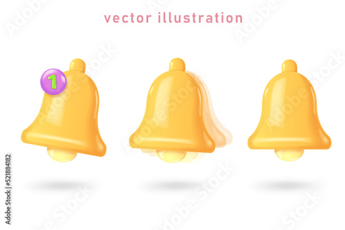 3d notification bell icon set isolated on white background. Realistic vector icon