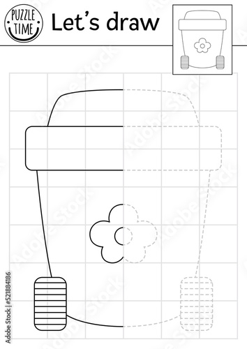Complete the rubbish bin picture. Vector ecological symmetrical drawing practice worksheet. Printable black and white activity for preschool kids. Copy the picture eco awareness or zero waste.