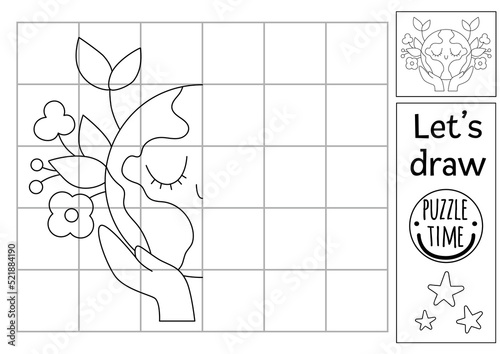 Complete the planet picture. Vector ecological symmetrical drawing practice worksheet. Printable black and white activity for preschool kids. Eco awareness or Earth day copy the picture.
