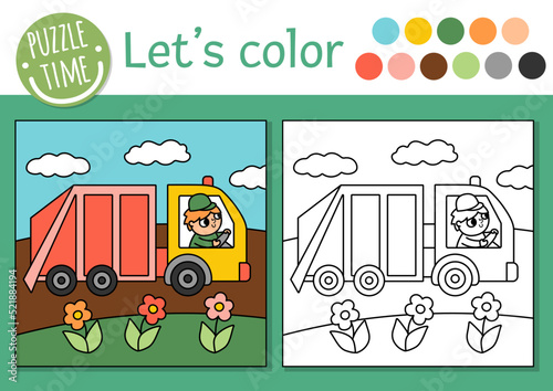 Ecological coloring page for children with waste truck. Vector eco awareness outline zero waste illustration. Color book for kids with colored example. Drawing skills printable worksheet.