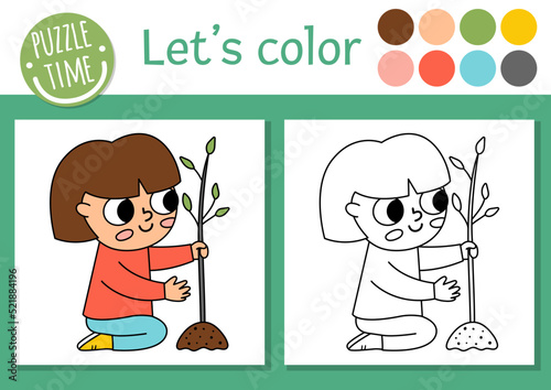 Ecological coloring page for children with girl planting tree. Vector eco awareness outline illustration. Color book for kids with colored example. Drawing skills printable worksheet.