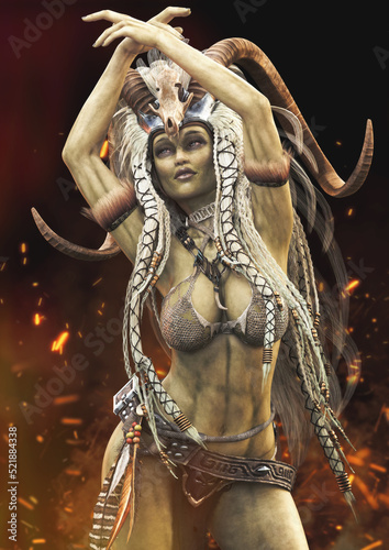 Portrait of an orc shaman performing a ritual dance near a camp fire. 3d rendering