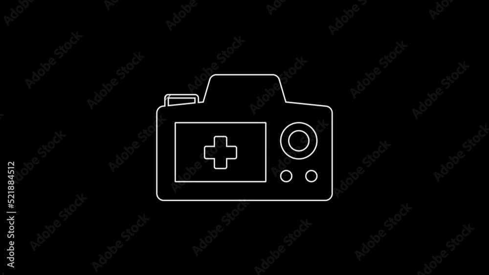 White line Photo camera icon isolated on black background. Foto camera. Digital photography. 4K Video motion graphic animation White line Photo camera icon isolated on black background. Foto camera. Digital photography. 4K Video motion graphic animation