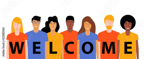 Welcome banner teamwork community. Vector diverse group friend.