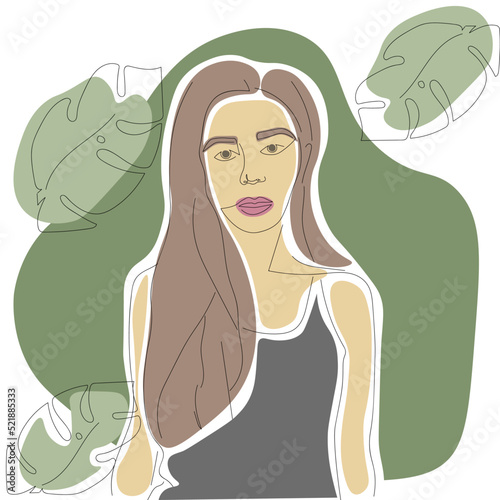 Line art white woman green leaf