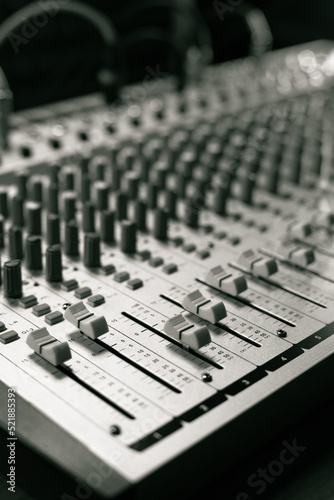 Sound mixer audio mixing console. Music concept on sound recording studio
