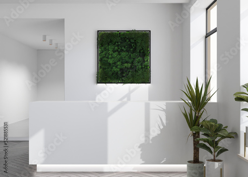 White reception counter in modern room with white walls. Blank registration desk in hotel  spa or office. Reception mock up with copy space for branding  logo. Contemporary style. 3D rendering.