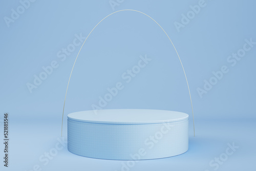 Abstract minimal pastel background. Light blue cylindrical pedestal or podium with thin silver arc for product display © Andrey Kudrin