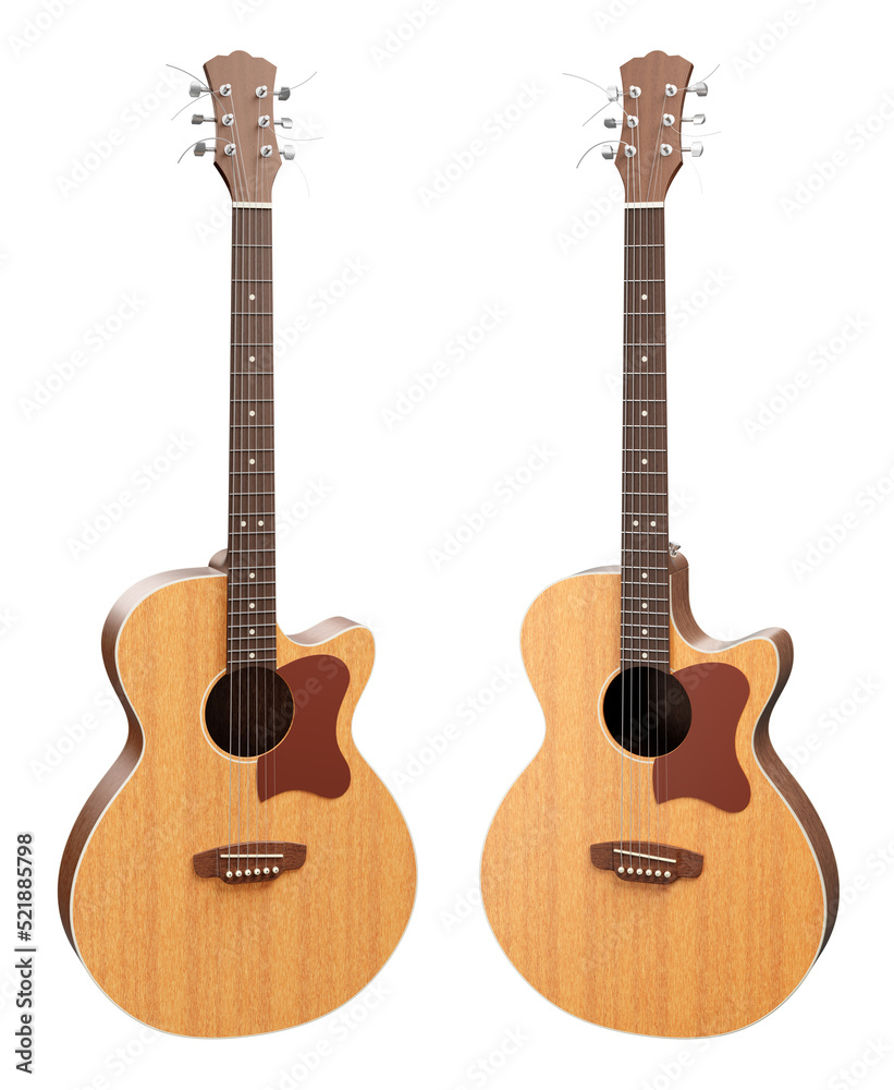 Classic Acoustic Guitar. Six string musical instrument in two slightly different positions of viewpoint. 3D-rendering graphics isolated on white background. Classic Acoustic Guitar. Six string musical instrument in two slightly different positions of viewpoint. 3D-rendering graphics isolated on white background.