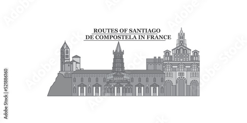 France, Routes Of Santiago De Compostela city skyline isolated vector illustration, icons