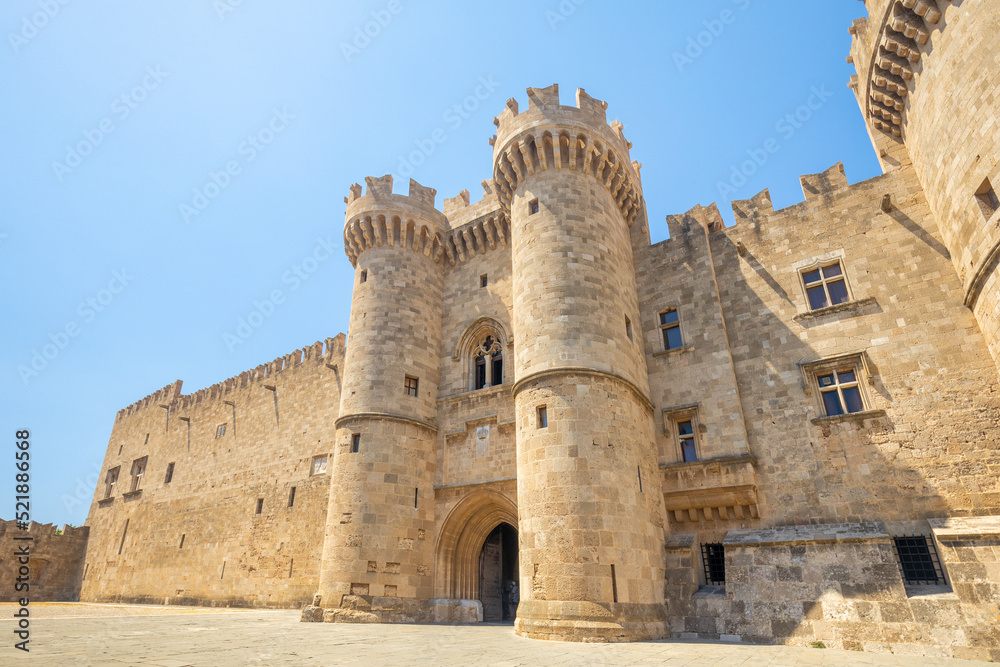 The Kastello, Palace of the Grand Master of the Knights of Rhodes. Main entrance of castle in Rhodes town, Greece, Europe.