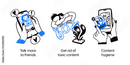 Mental health and psychology concept llustrations. Importance of communication and content hygiene. Visual Stories Collection.