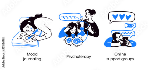 Mental health and psychology concept llustrations. Mood journaling, psychoterapy, support groups. Visual Stories Collection.