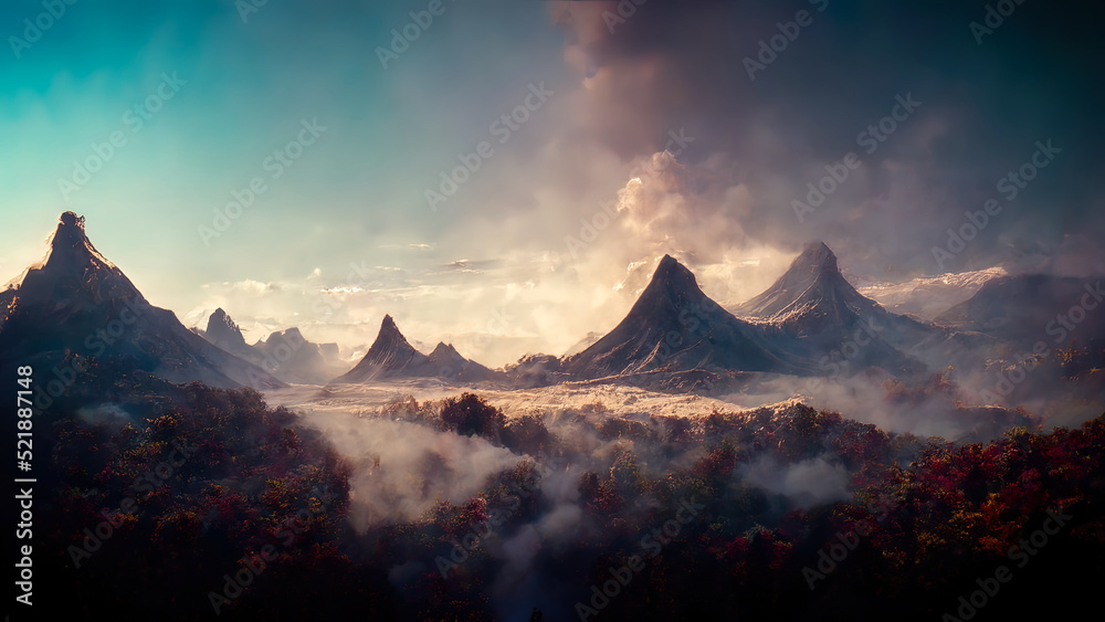 Fantasy mountain landscape with clouds and fog. 3D illustration.