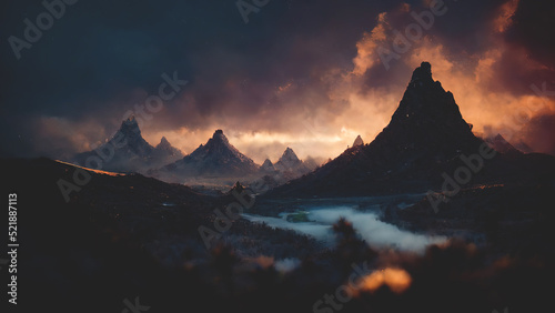 Fantasy mountain landscape with clouds and fog. 3D illustration.