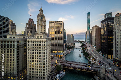 Twilight panaroma of Chicago skyline photo