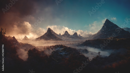 Fantasy mountain landscape with clouds and fog. 3D illustration. © Terablete