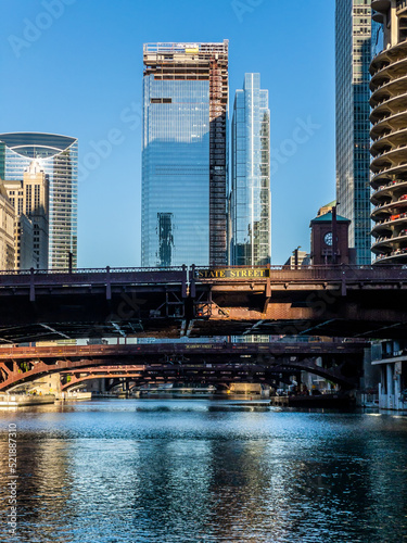 Morning view of Chicago river, bridges and buildings