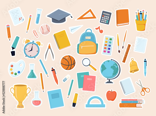 Back to school collection of stickers with supplies, stationery, books, globe, chemical flask, sports equipment, alarm clock, drawing, winners cup and bell. Cartoon flat vector illustration.