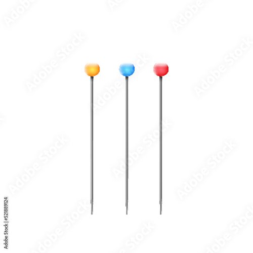 Set of sewing pins. Colorful metal push pins for tailor, needlework and dressmaking