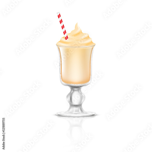 Realistic vanilla milkshake in glass with straws. Sweet cold tasty summer beverages cocktail